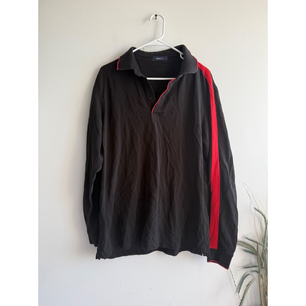 Zegna‎ Sport Mens XXL Black Cotton Pique Long Sleeve Polo Shirt Red Side Stripe